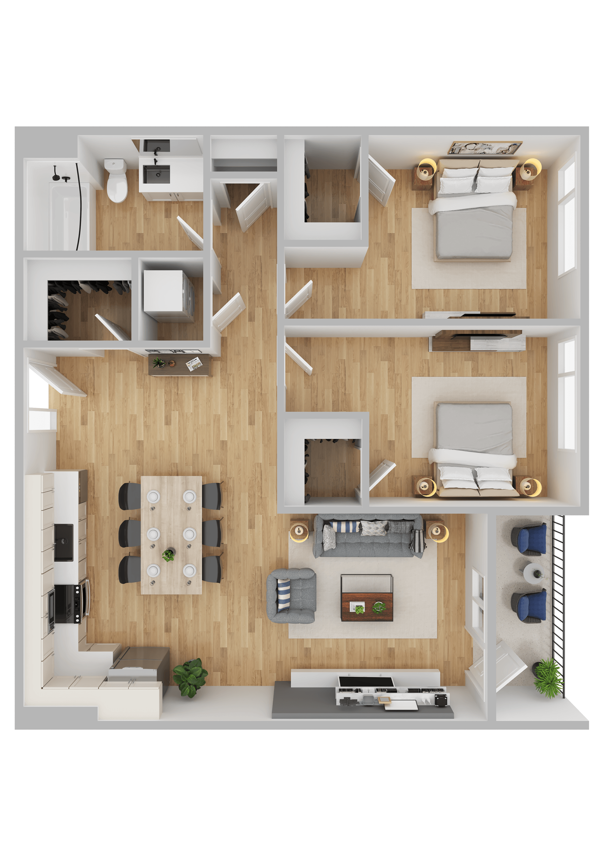 Floor plan for 2 beds, 1 bath, 963 sqft